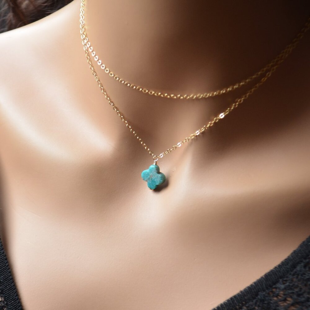 Turquoise Clover Necklace with Double Gold Chain - Handmade
